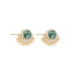 gold stud earrings featuring a round green tourmaline bordered by white diamonds