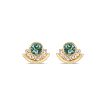 gold stud earrings featuring a round green tourmaline bordered by white diamonds